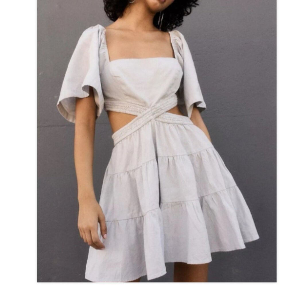 Free People Beige Cut Out Puff Sleeve Tiered Smocked Mini Dress - Size L